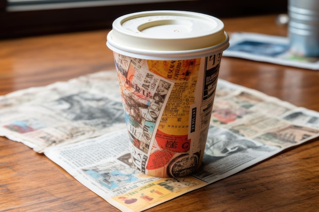 a paper coffee cup on a newspaper