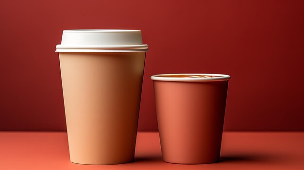 A paper coffee cup stands against a solid background