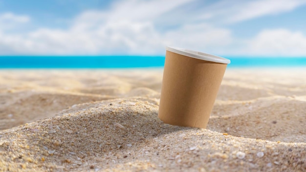 Paper coffee mugs Laying on the sandy beach in summer