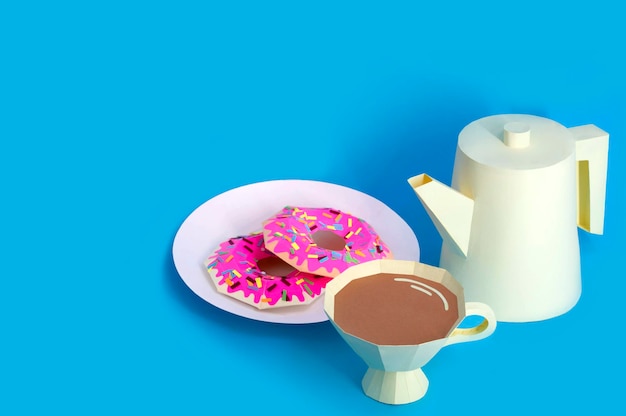 Photo paper coffee pot cup with coffee and donuts