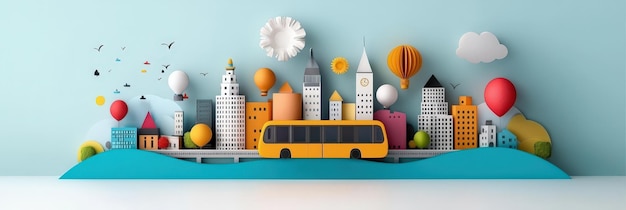 Paper collage of a city skyline with public transport flat design illustration