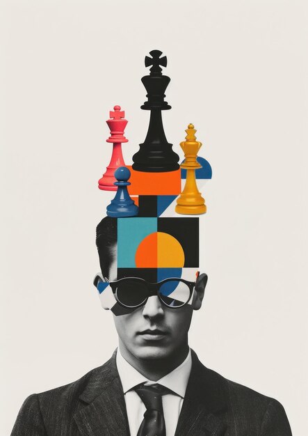 Photo paper collage with business man chess black art