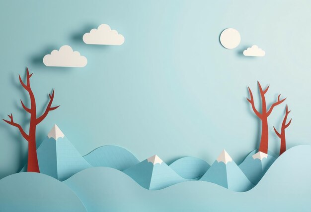 Photo paper craft landscape with mountains clouds and trees