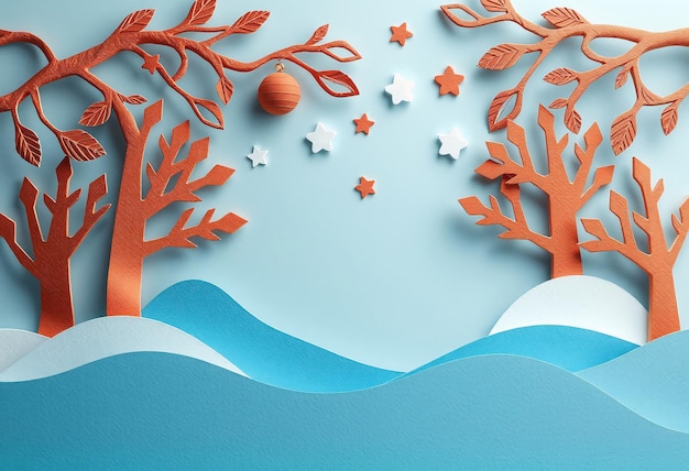 Paper craft of orange trees with white stars and blue hills on a blue background