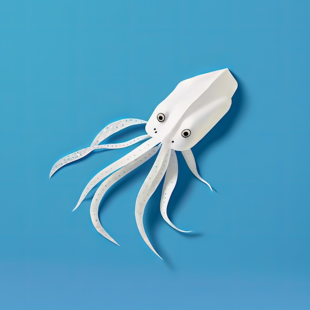 Paper craft white squid Origami white squid on a blue background Handcraft paper squid Design element