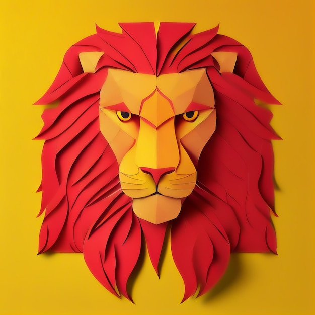 Paper craft yellow lion Yellow origami lion on red background Handcraft paper lion Design element