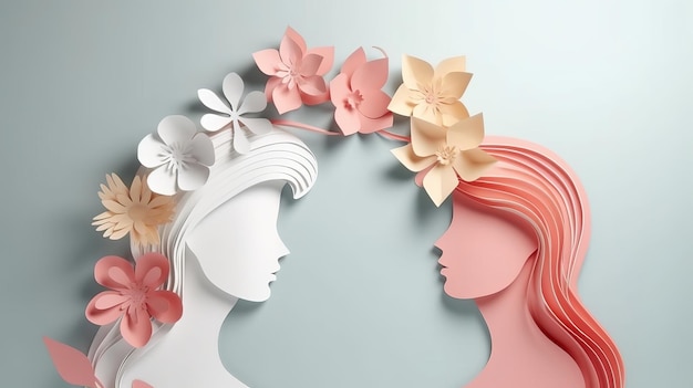 Paper craftsmanship Cheerful women's day 8 walk with ladies of diverse outline of bloom women's day specials offer deal wording separate AI Generated