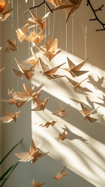 paper cranes hanging from a string