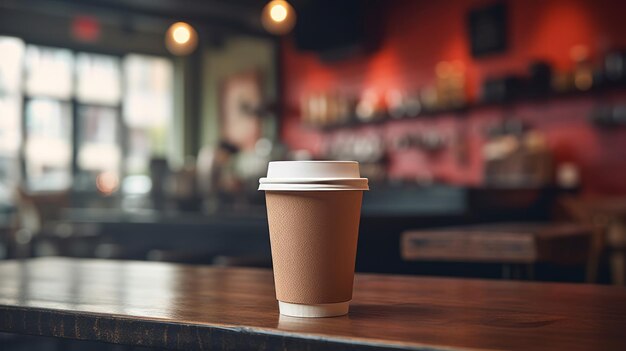 Paper cup of coffee on a wooden table in a coffee shop Space for text and design