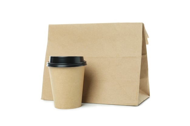 Paper cup and paper bag isolated on white background