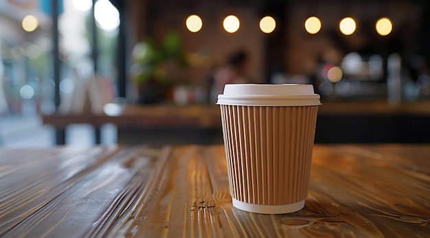 a paper cup that is on a wooden table