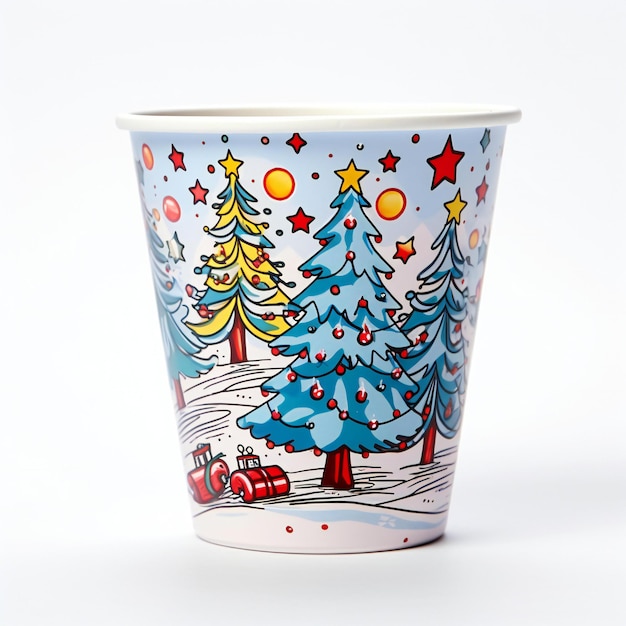 Paper cup with Christmas tree and snowflakes on a white background