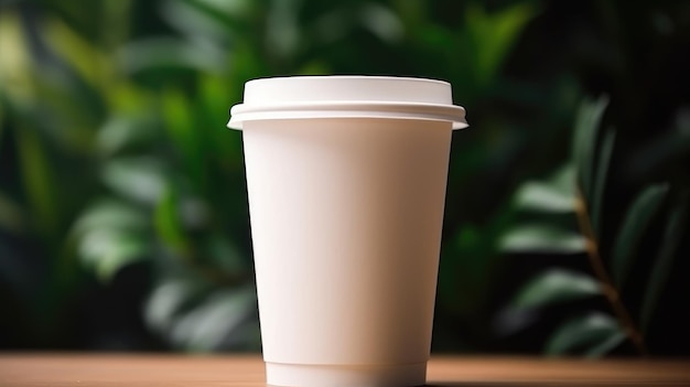 A paper cup with a lid on it sits on a table in front of a green plant.