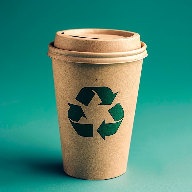 Photo paper cup with recycling icon on green background caring for nature