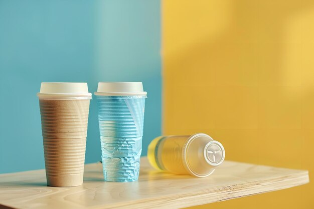 Photo paper cups made of less plastic than plastic bottles zero waste home plastic free concept generative ai