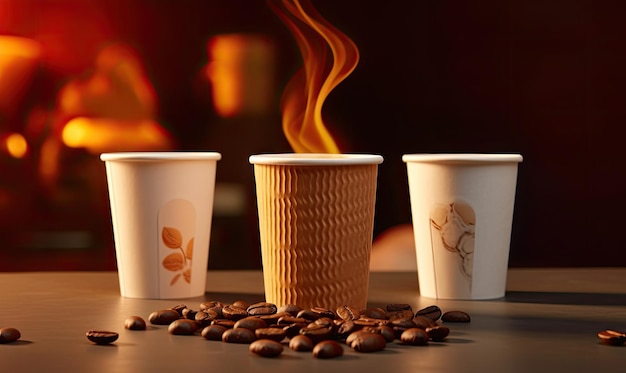 paper cups with coffee on the table in cafe 3d render