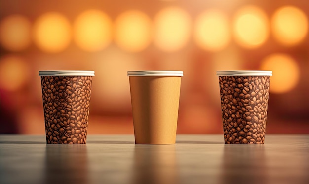 paper cups with coffee on the table in cafe 3d render