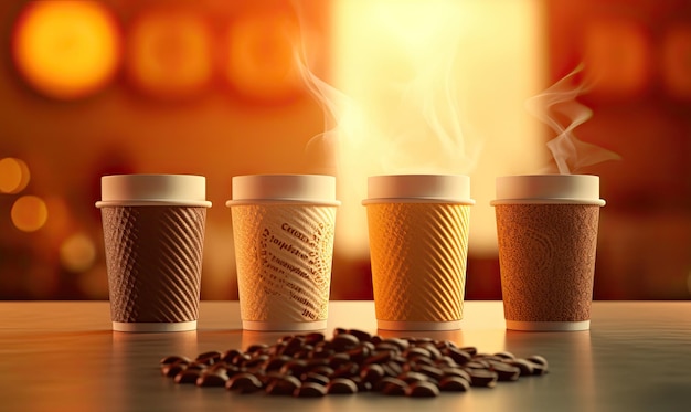 paper cups with coffee on the table in cafe 3d render