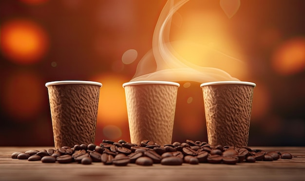 paper cups with coffee on the table in cafe 3d render