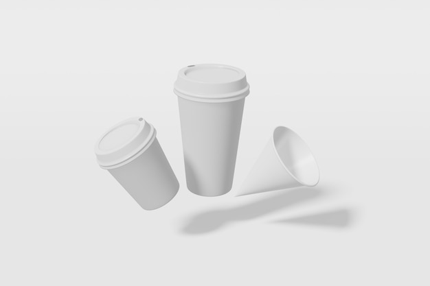 paper cups with a lid on a white background 3D rendering