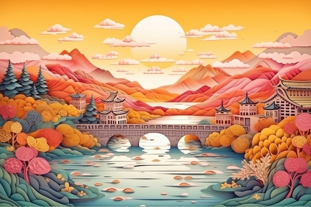 Paper cut 3d illustration of Chinese nature and culture with mountain and dark sunset