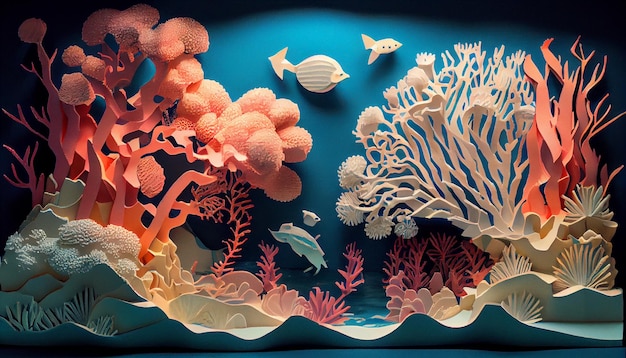 Paper cut aquarium scene with fish and corals generative ai