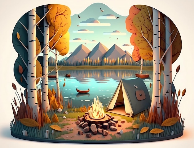 A paper cut art of a campfire with mountains in the background.