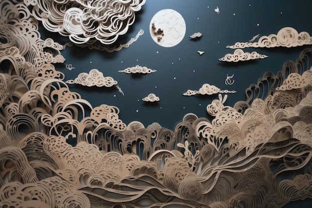 A paper cut art of clouds and moon generative ai