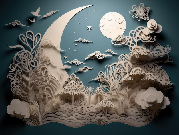 A paper cut art of clouds and moon generative ai