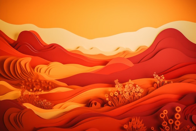 A paper cut art of a desert landscape with orange and red colors.