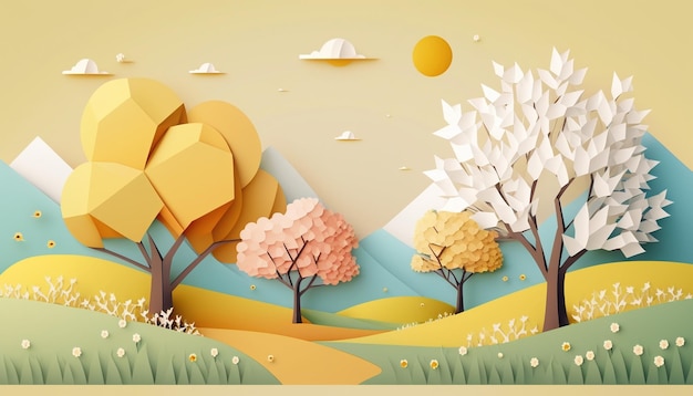 Paper cut art of a landscape with trees and the sun