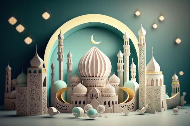 A paper cut art of a mosque and a crescent moon Generative AI