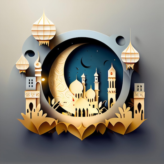 Paper cut art of a mosque and moon with a moon in the background.