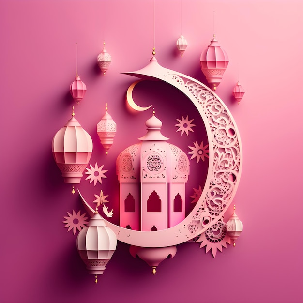 Paper cut art of a mosque and moon with stars and moon on pink background.