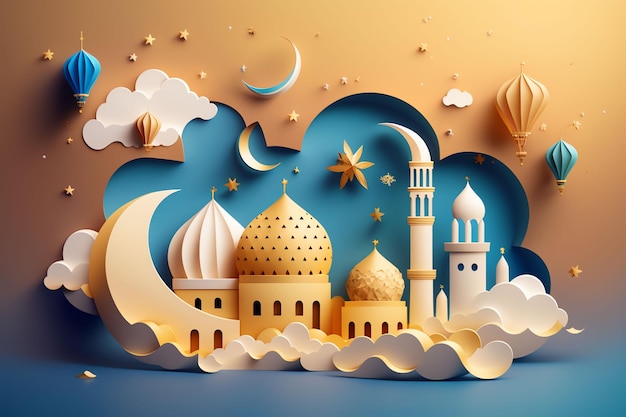 Paper cut art of a mosque and moon