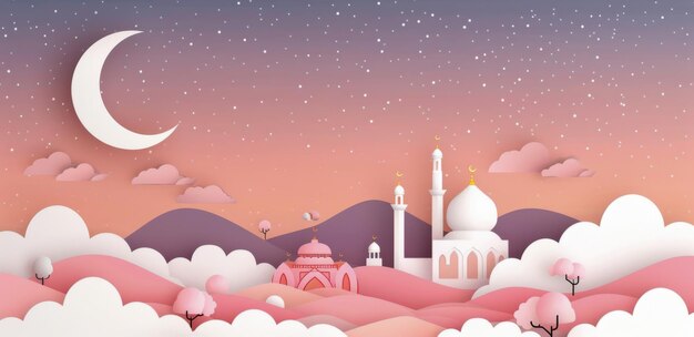 Photo paper cut art of mosque and mountains at dusk with pink hues