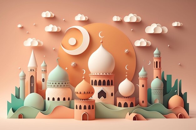 A paper cut art of a mosque with a crescent moon and stars.