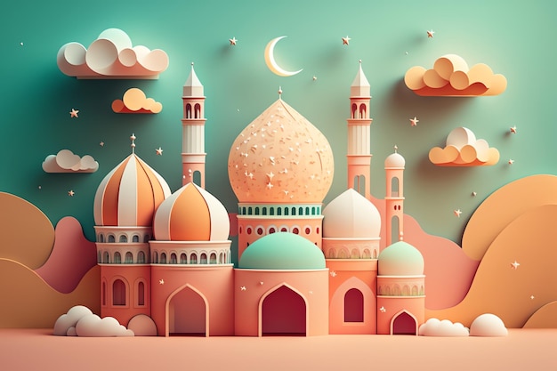 Paper cut art of a mosque with a moon and stars