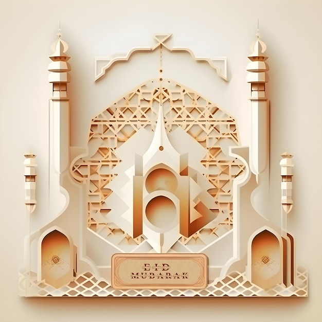 A paper cut art of a mosque with the name eid moab on it.