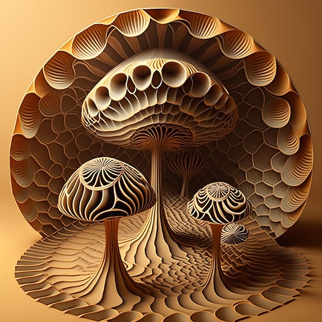 A paper cut art piece that has a picture of three mushrooms on it.