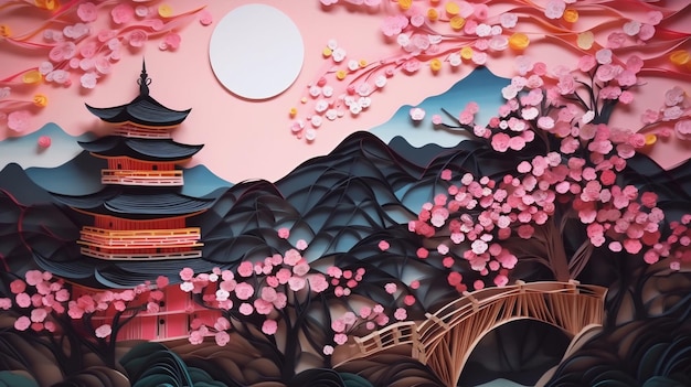 A paper cut art piece with a pink bridge and a pagoda in the background.