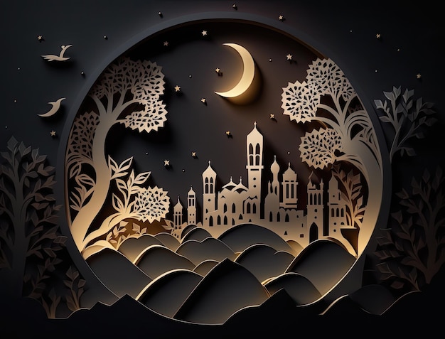 Paper cut art with a church and moon in the background.