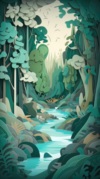 Paper cut art work with green nature forest Generative AI