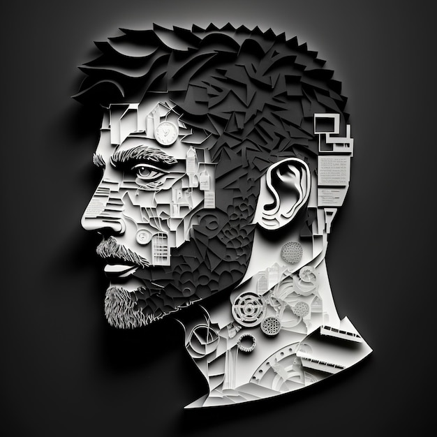 paper cut artwork of human face with tech icons, ai portrait, abstract design.