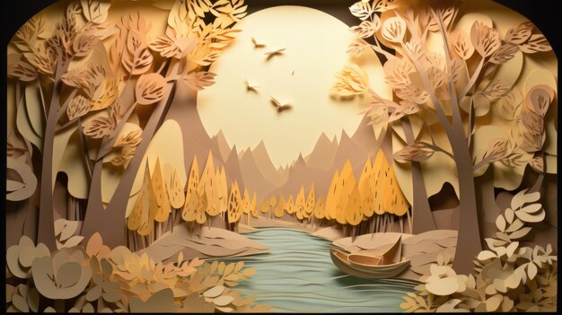 Paper cut artwork that depicts flowers and trees background Generative AI