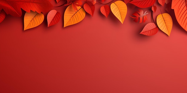 Paper cut autumn leaves on red background Seasonal background with falling leaves and copy space Autumn fall creative banner with free space for text AI