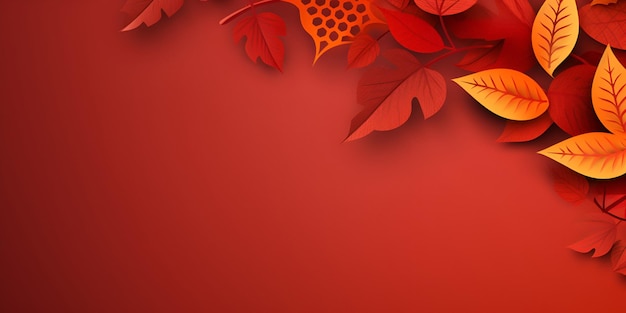 Paper cut autumn leaves on red background Seasonal background with falling leaves and copy space Vertical autumn fall banner with free space for text AI