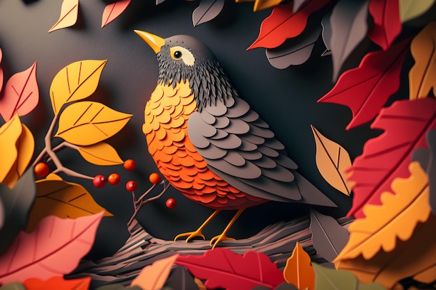 A paper cut bird is sitting on a branch with leaves