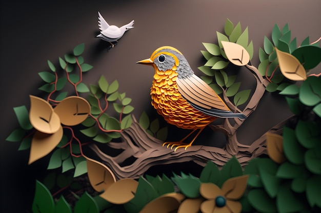 A paper cut bird is sitting on a branch with leaves