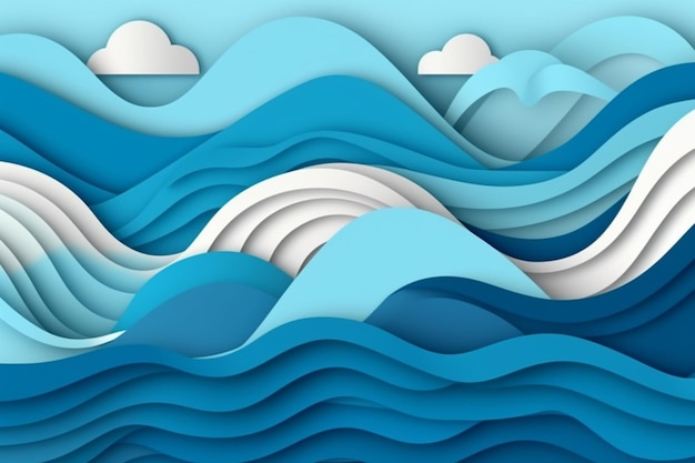 A paper cut of a blue ocean with waves and clouds generative ai